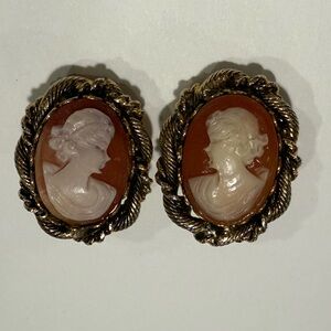 Vintage Cameo Clip-On Earrings | Gold Tone Rope Frame | Shell STYLE Silhouette